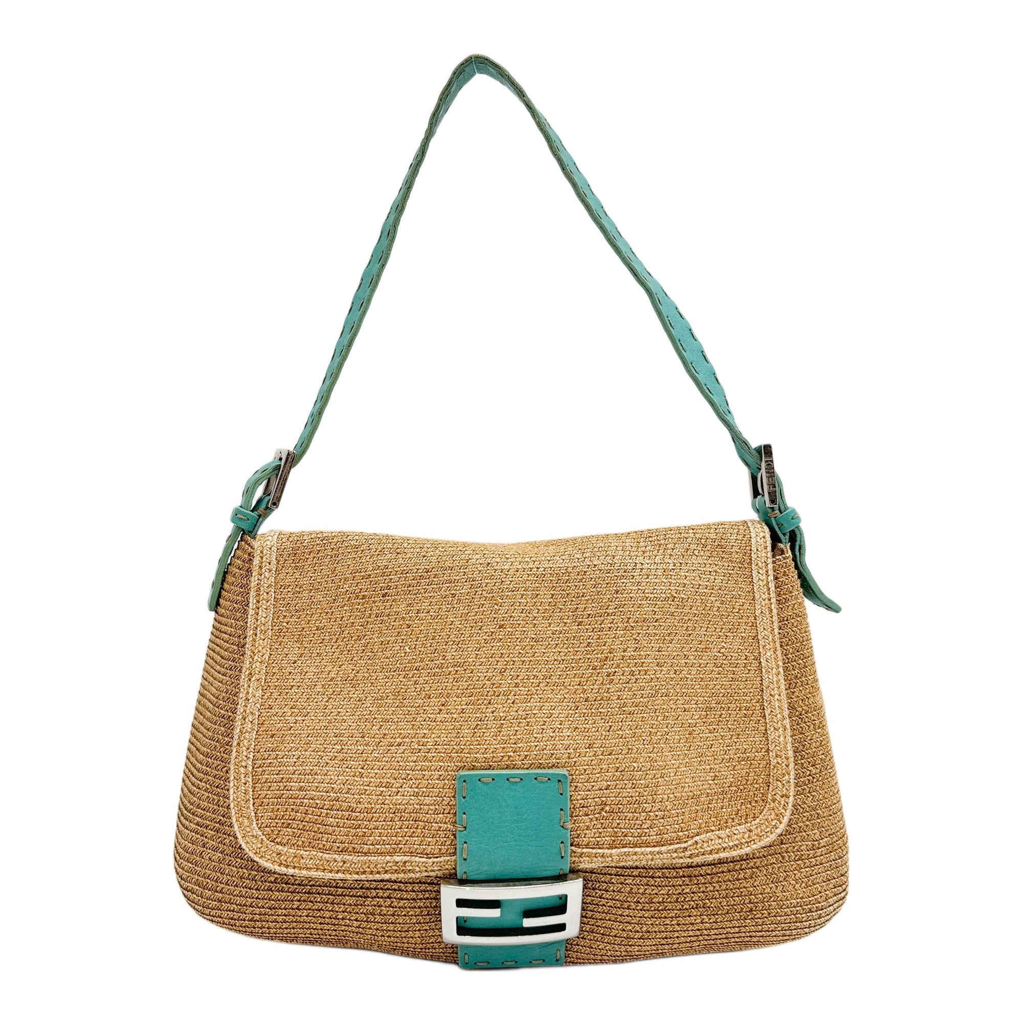 Mamma Baguette Aquamarine Selleria Trim Brown Raffia Shoulder Bag