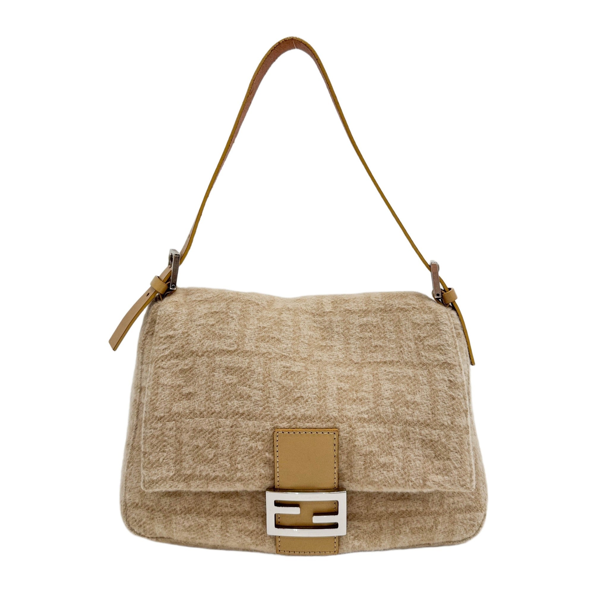 Mamma Baguette Beige Leather Trim Sandy Brown Zucca Wool Shoulder Bag
