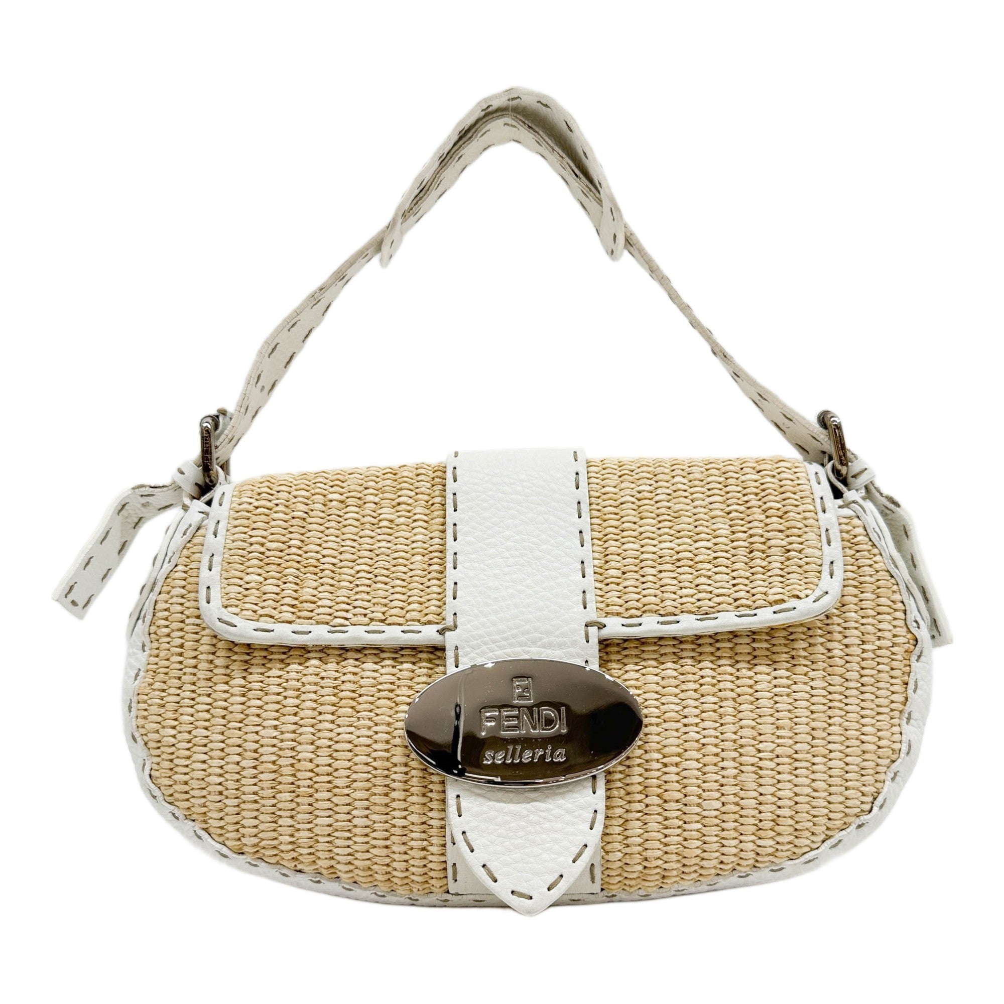 Selleria White Trim Tan Straw Shoulder Bag