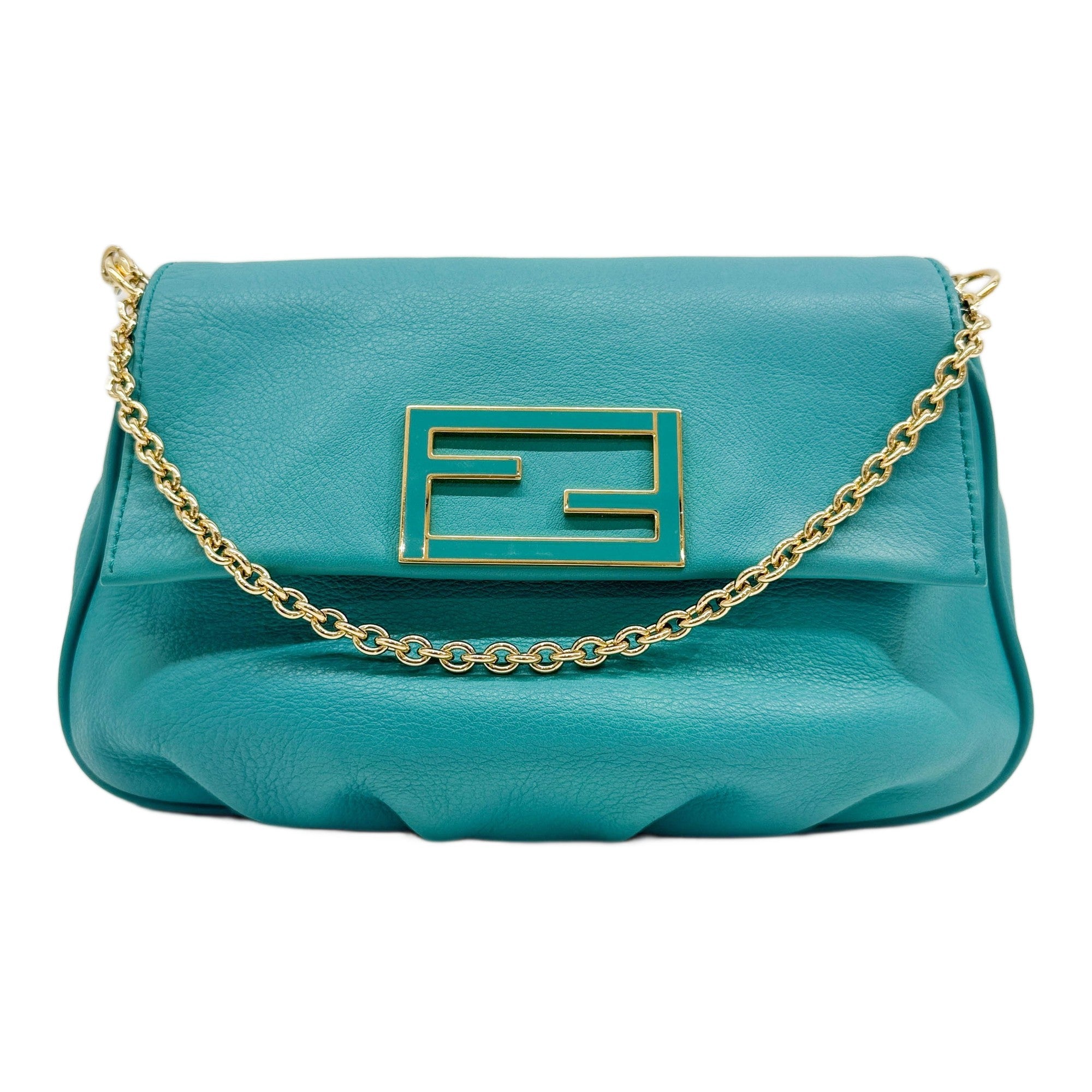 Fendista Turquoise Blue Leather Chain Shoulder Bag
