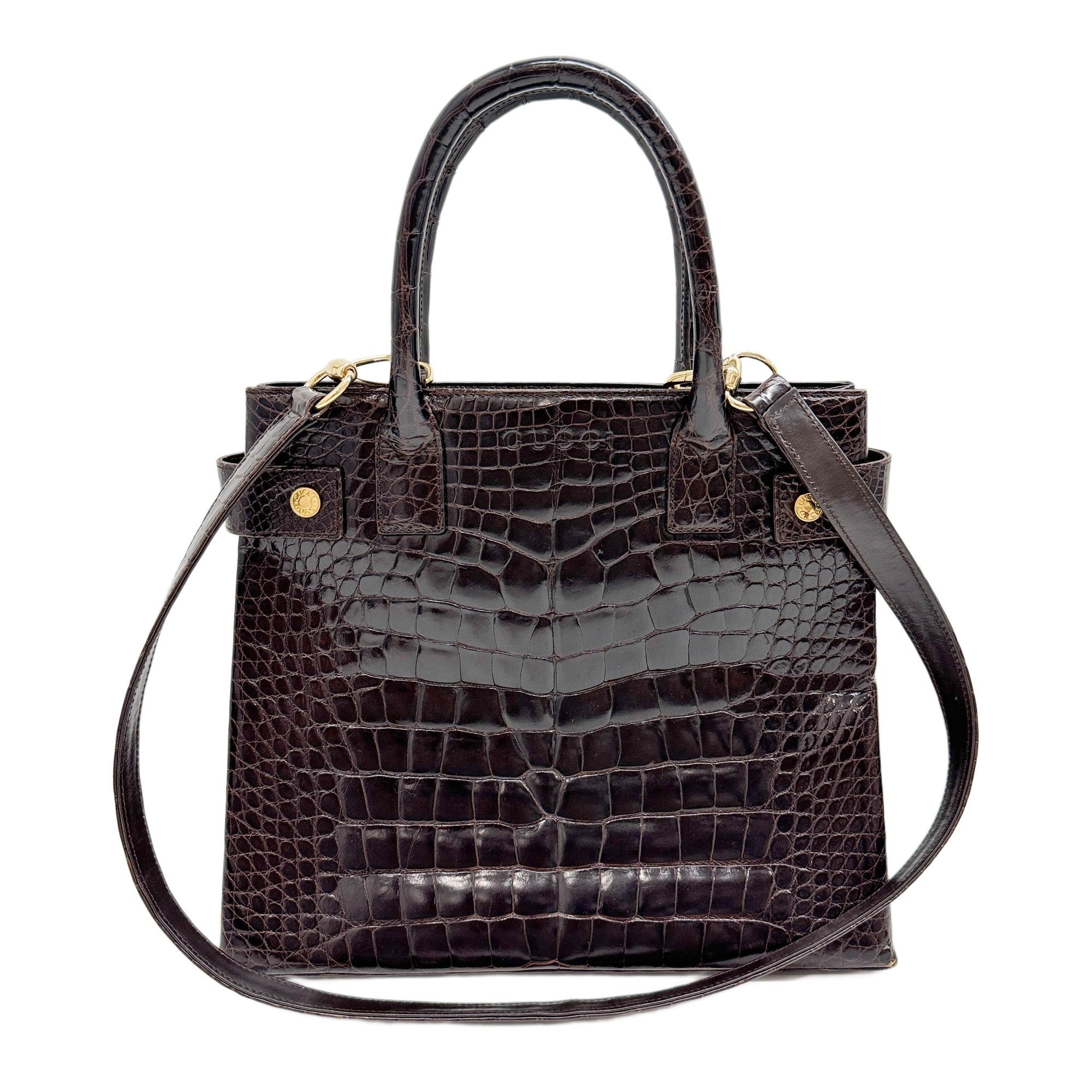 Espresso Brown Crocodile Embossed Leather Two Way Bag