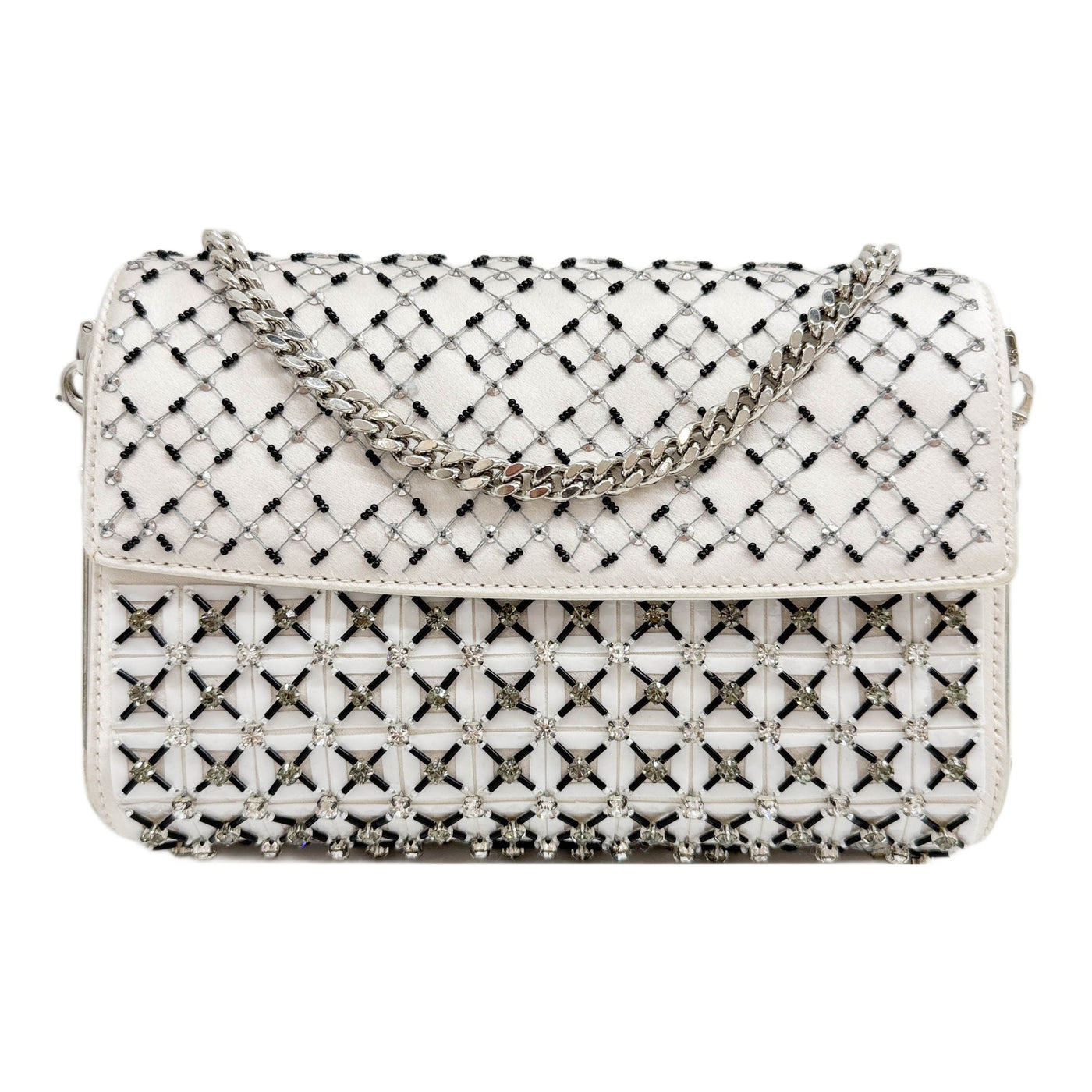 Evening Minaudiere Mirror-Sided Cannage Crystal Strass Overlay Off-White Satin Shoulder Bag