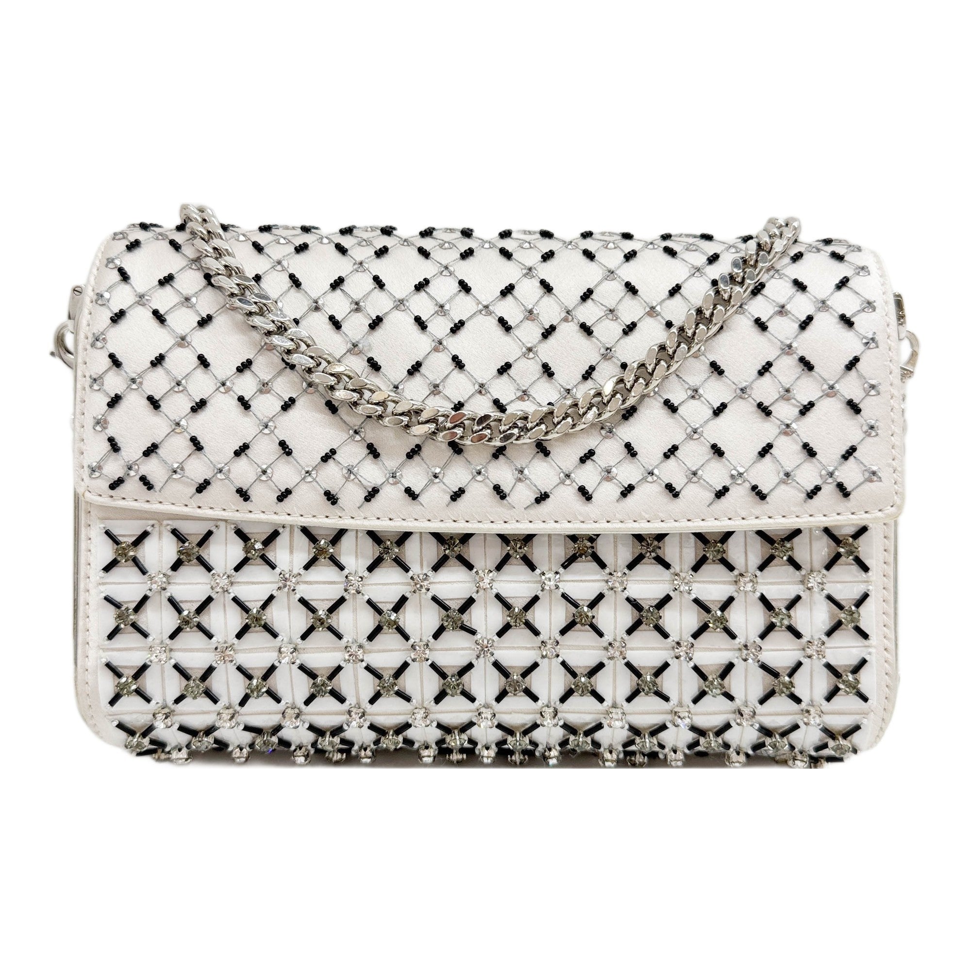 Evening Minaudiere Mirror-Sided Cannage Crystal Strass Overlay Off-White Satin Shoulder Bag