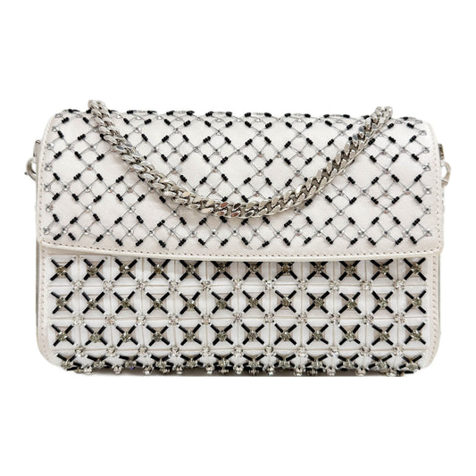 Evening Minaudiere Mirror-Sided Cannage Crystal Strass Overlay Off-White Satin Shoulder Bag
