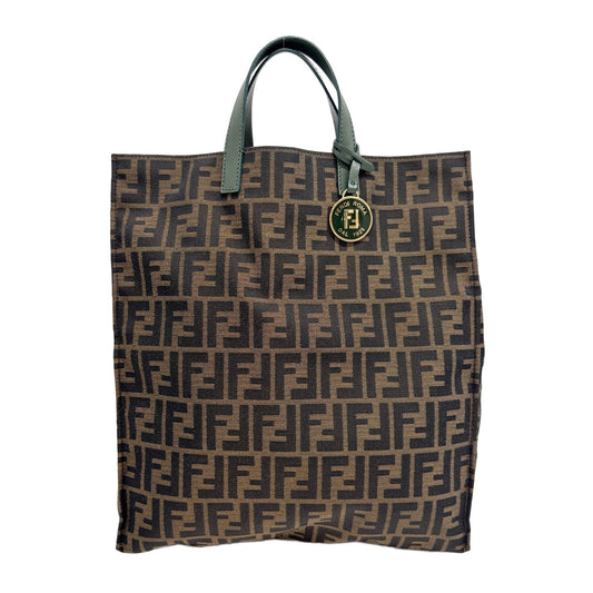 Green Handle Brown Zucca Canvas Vertical Shopping Tote