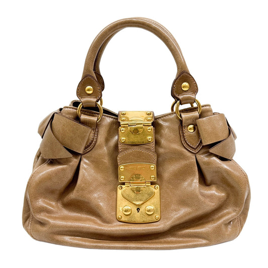 Vitello Lux Bow Push Lock Beige Leather Two Way Bag