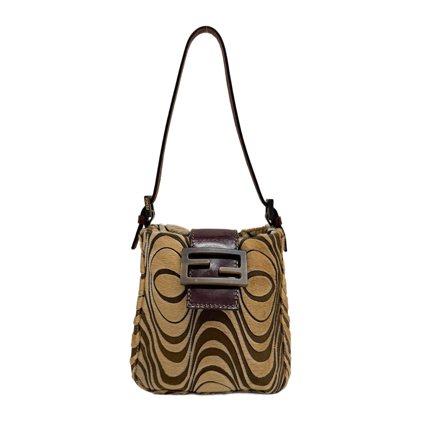 Brown Psychedelic Wave Pony Hair and Canvas Hand Bag
