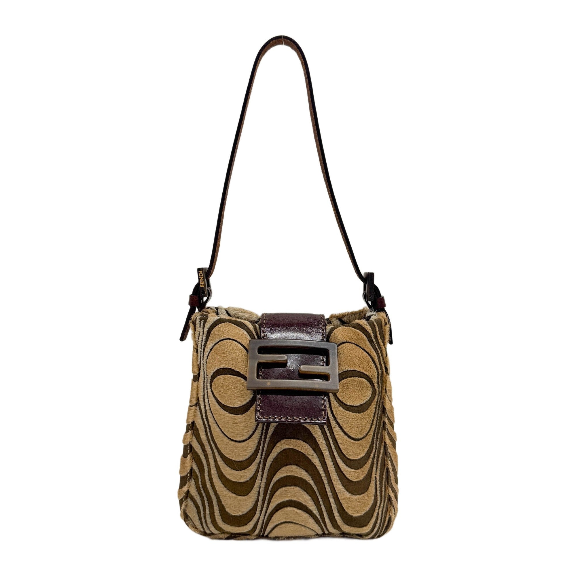 Brown Psychedelic Wave Pony Hair and Canvas Hand Bag
