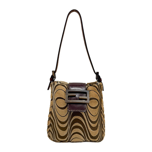 Brown Psychedelic Wave Pony Hair and Canvas Hand Bag