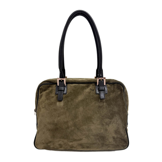 Brown Leather Trim Olive Green Suede Bowling Bag