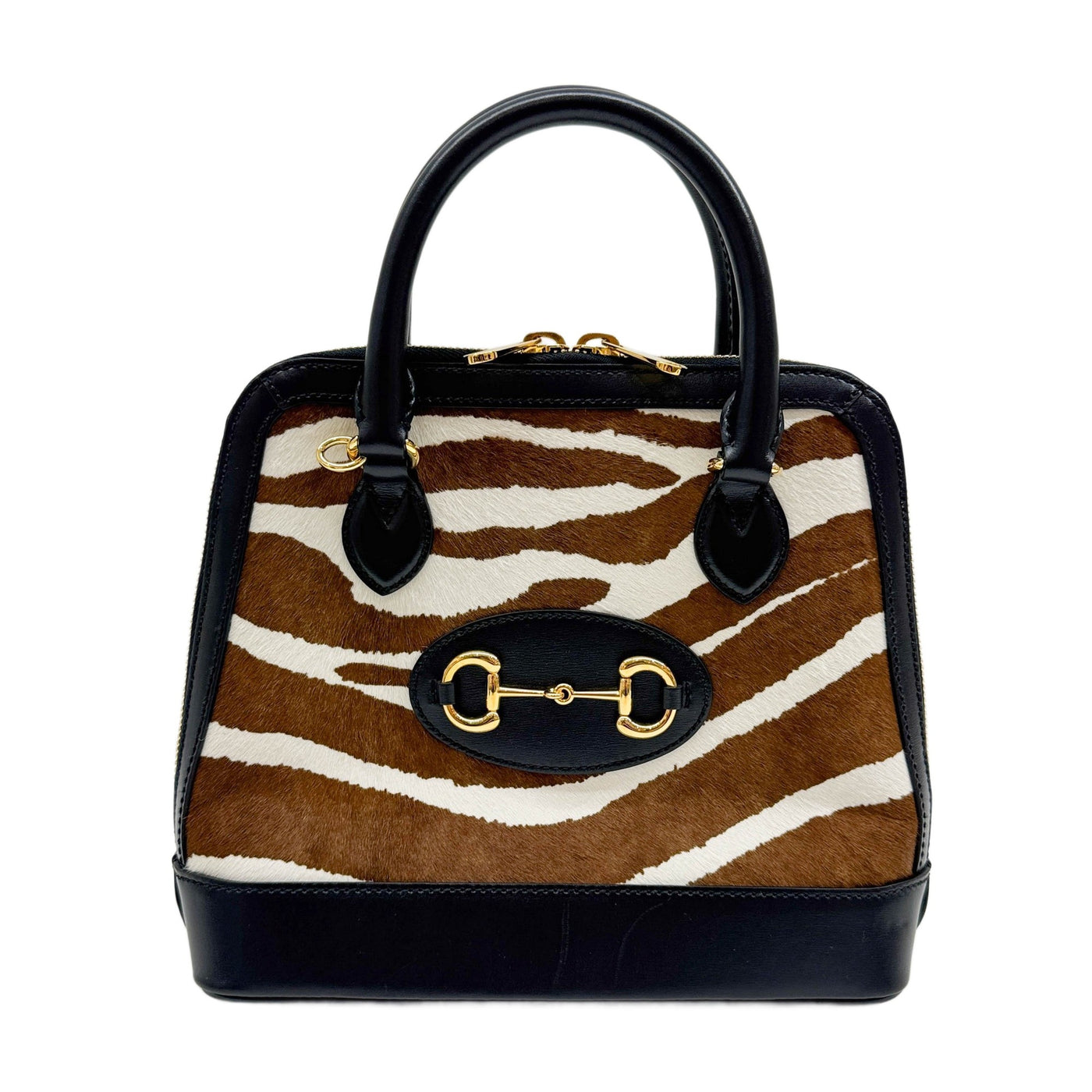 Horsebit 1995 Leather Trim Brown Zebra Print Pony Hair Two Way Bag