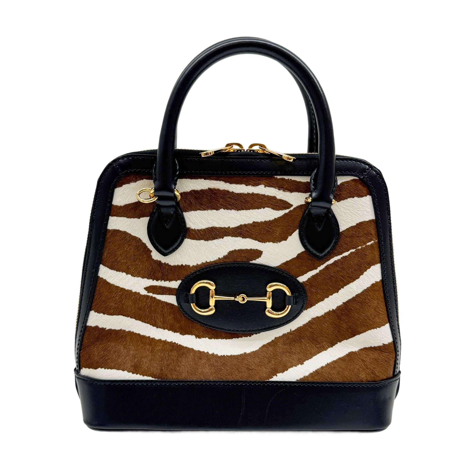 Horsebit 1995 Leather Trim Brown Zebra Print Pony Hair Two Way Bag