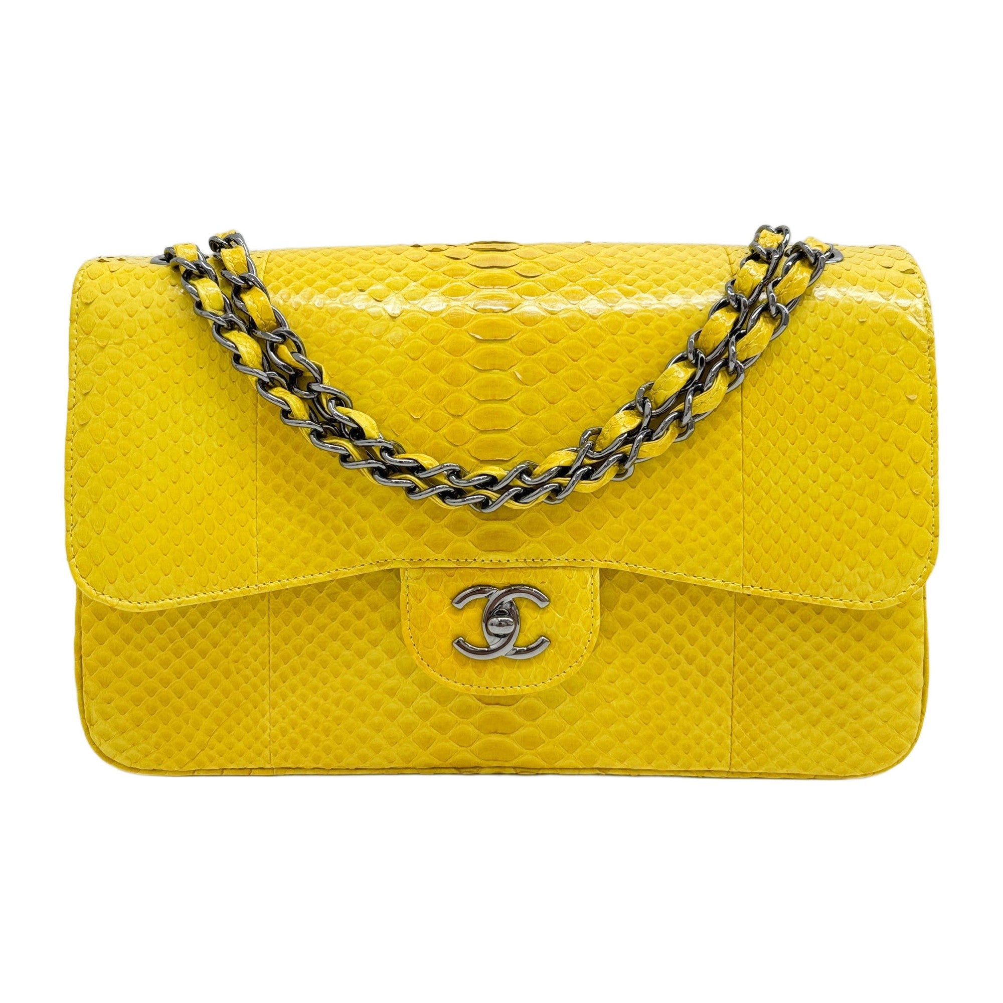Jumbo Classic Flap Yellow Python Embossed Leather Shoulder Bag