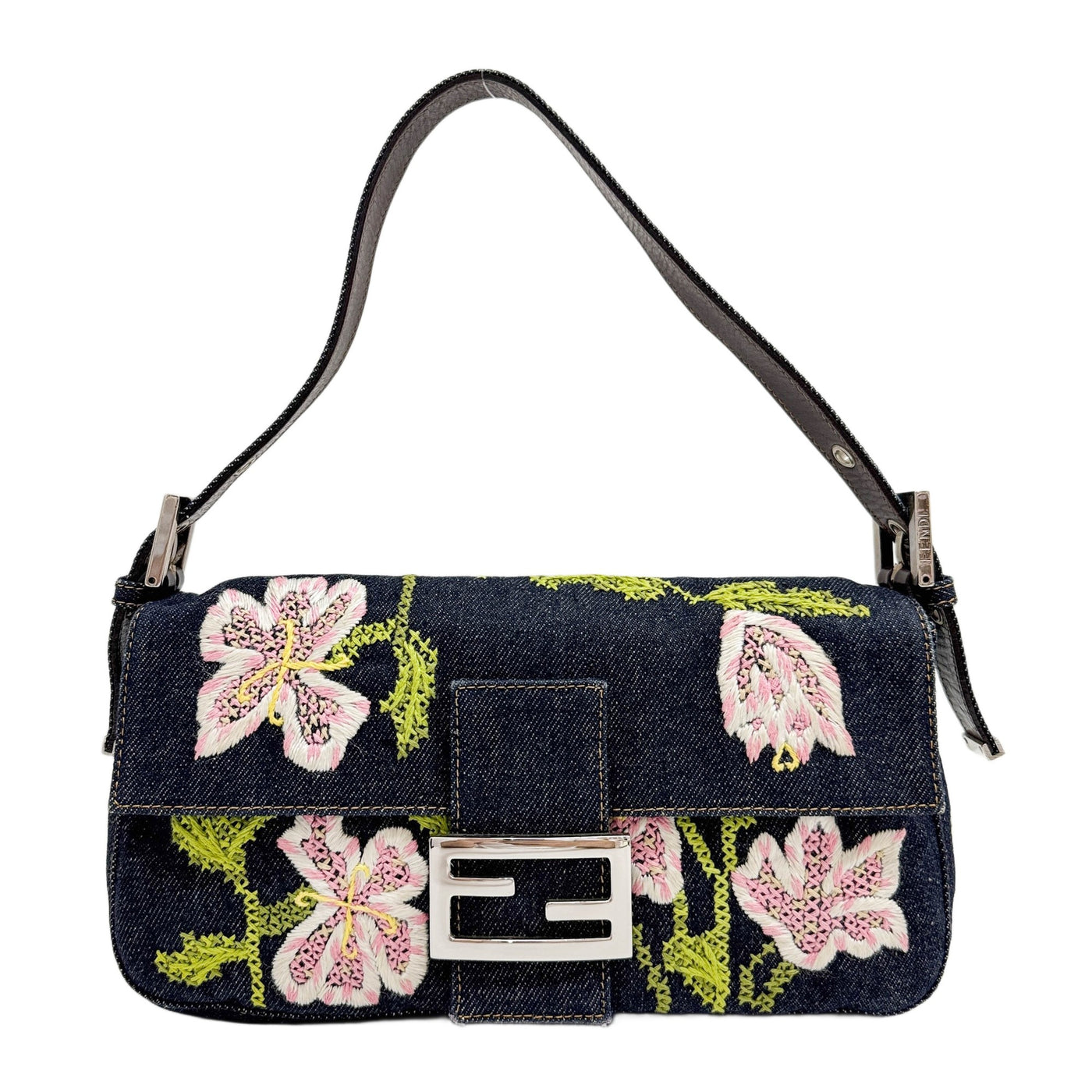 Baguette Floral Embroidered Blue Denim Shoulder Bag