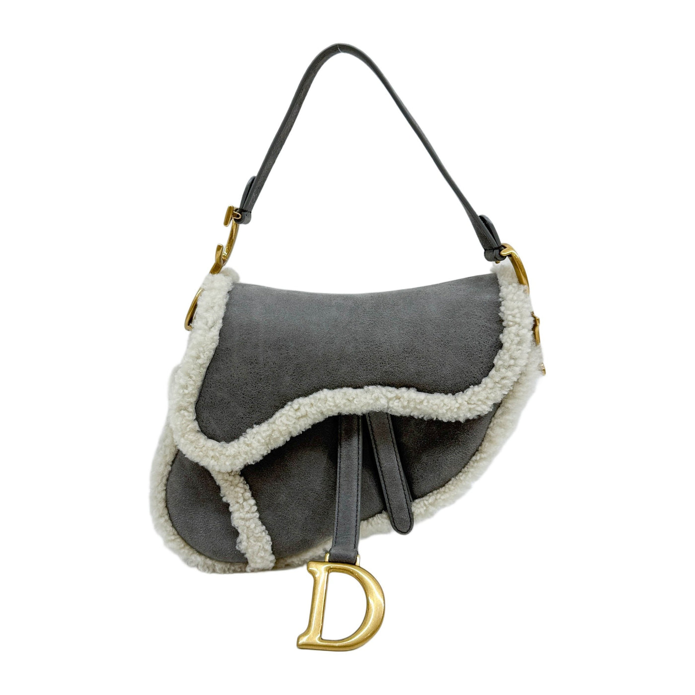 Saddle Sherpa Trim Gray Suede Shoulder Bag