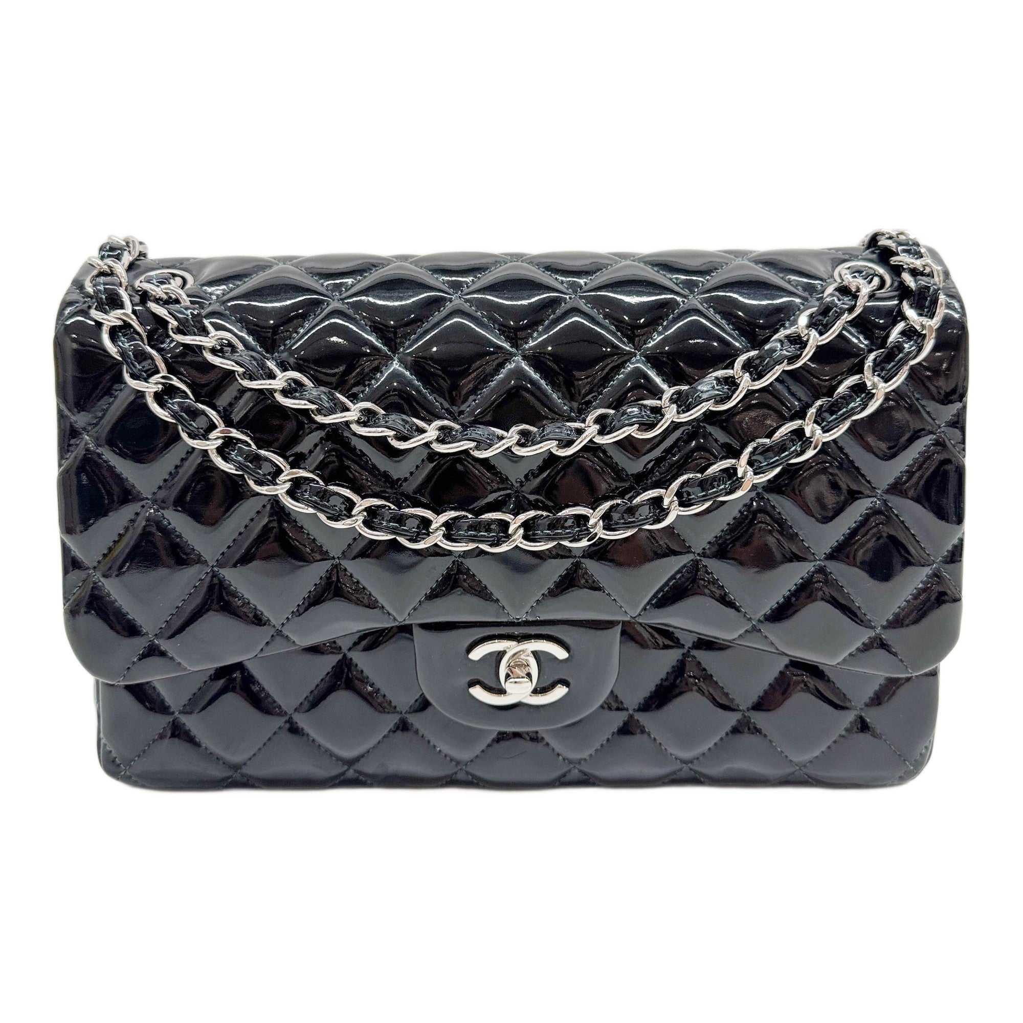 Jumbo Classic Double Flap 2012 Matelasse Puffy Quilted Black Patent Leather Shoulder Bag