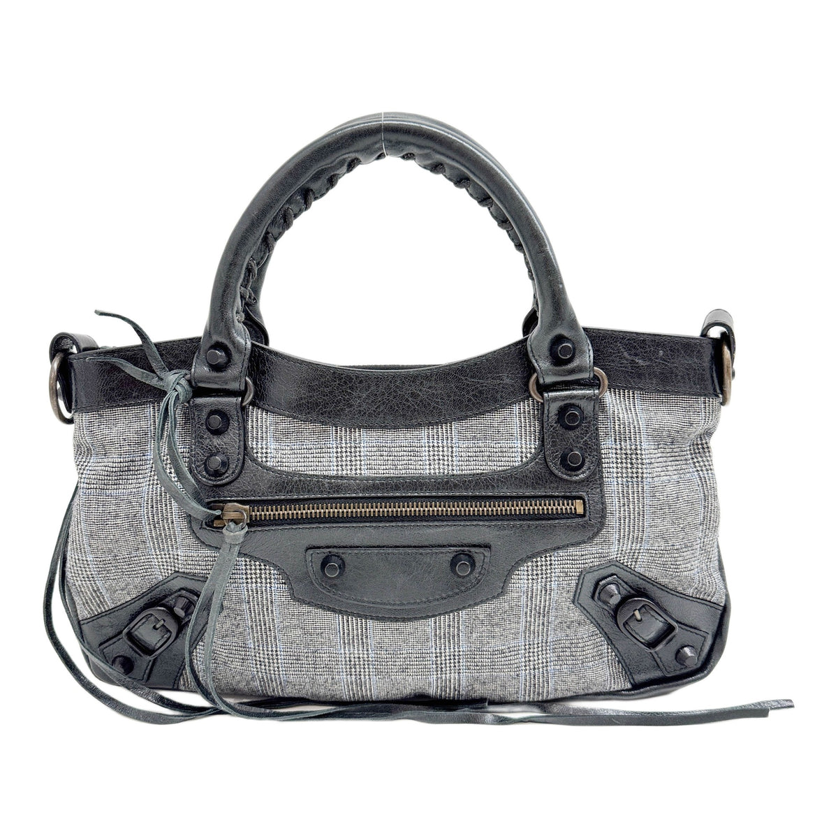The First Grey Plaid & Leather Trim Two Way Bag