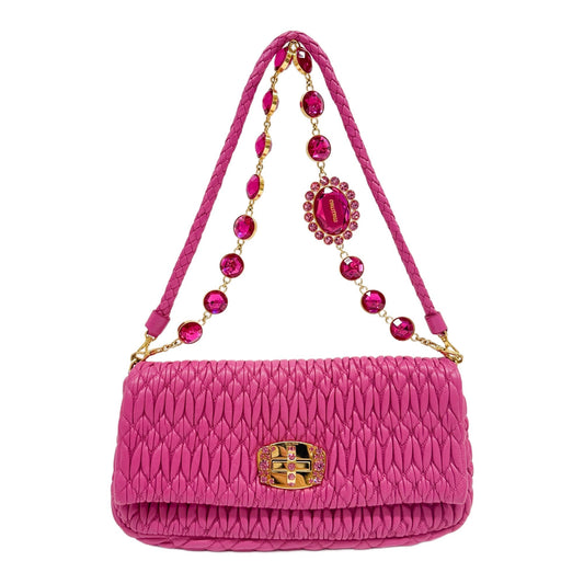 Miu Crystal Matelasse Pink Leather Shoulder Bag