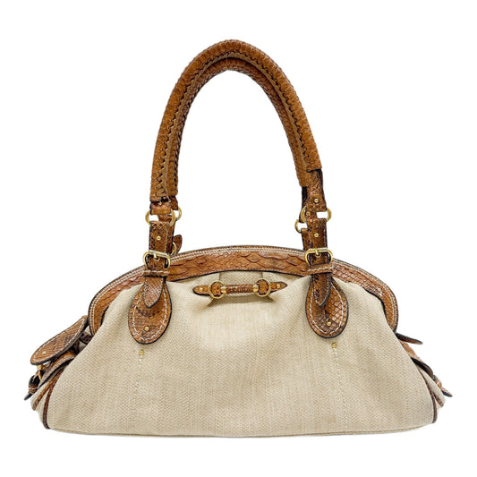 Beige Raffia w/ Python Embossed Leather Trim Shoulder Bag