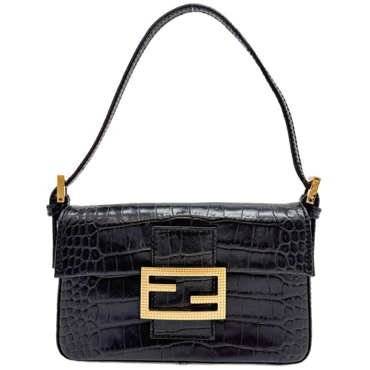 Mini Baguette Black Crocodile Embossed Leather Hand Bag