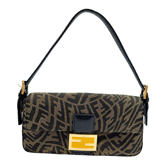 Fendi x Sarah Coleman FF Vertigo Baguette Python Trim Brown Canvas Shoulder Bag
