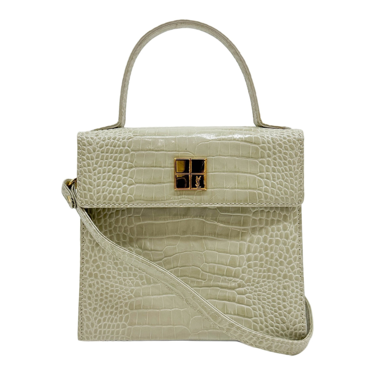 Square Plaque Top Handle Pale Green Crocodile Embossed Leather Two Way Bag