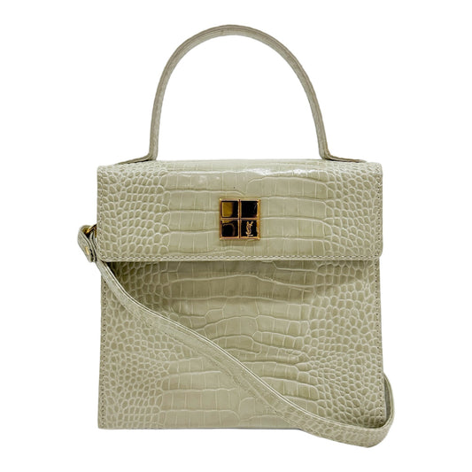Square Plaque Top Handle Pale Green Crocodile Embossed Leather Two Way Bag