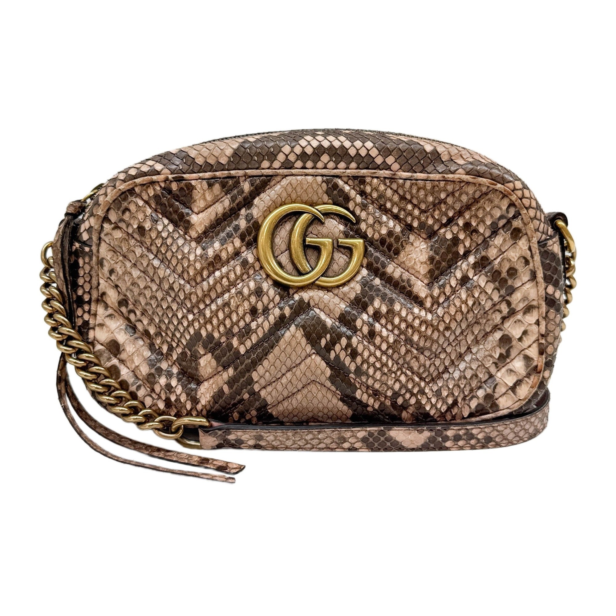 GG Marmont Brown Python Embossed Leather Shoulder Bag