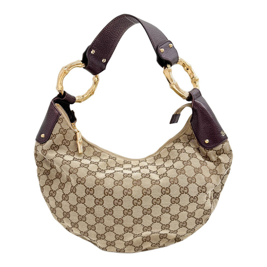 Bamboo Ring Purple Leather Trim Brown GG Canvas Shoulder Bag