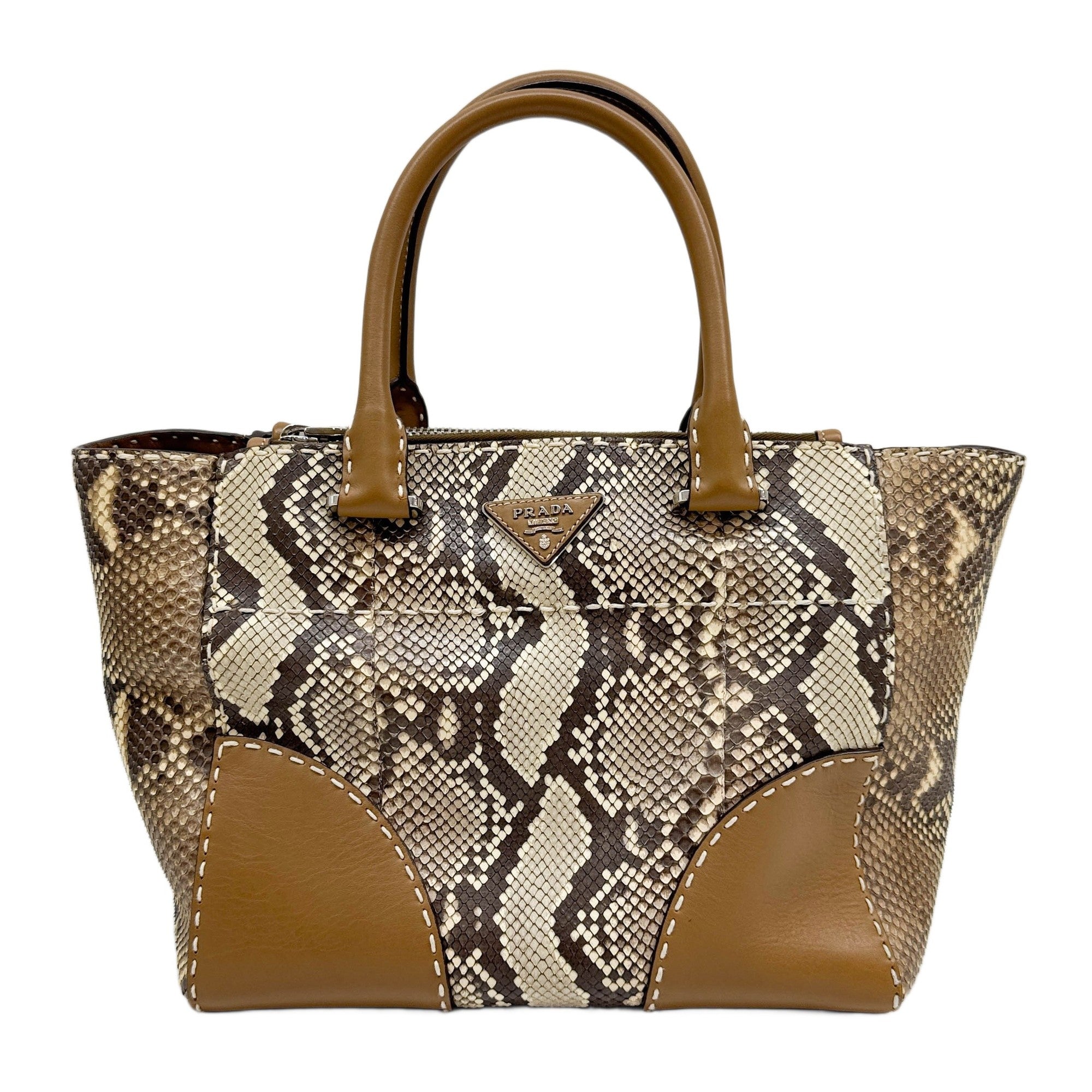 City Stitched Twin Tote Brown Python Embossed Leather Two Way Bag