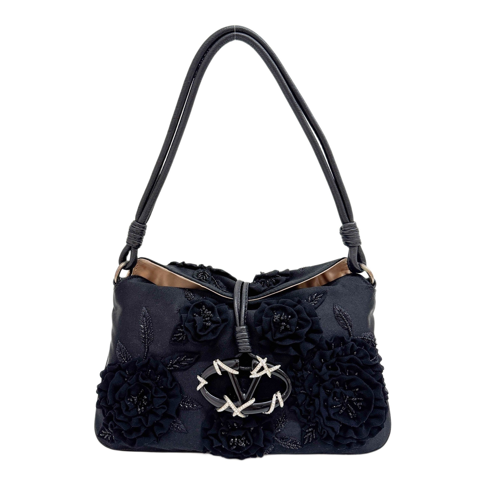 Floral Embroidered Black Satin Shoulder Bag