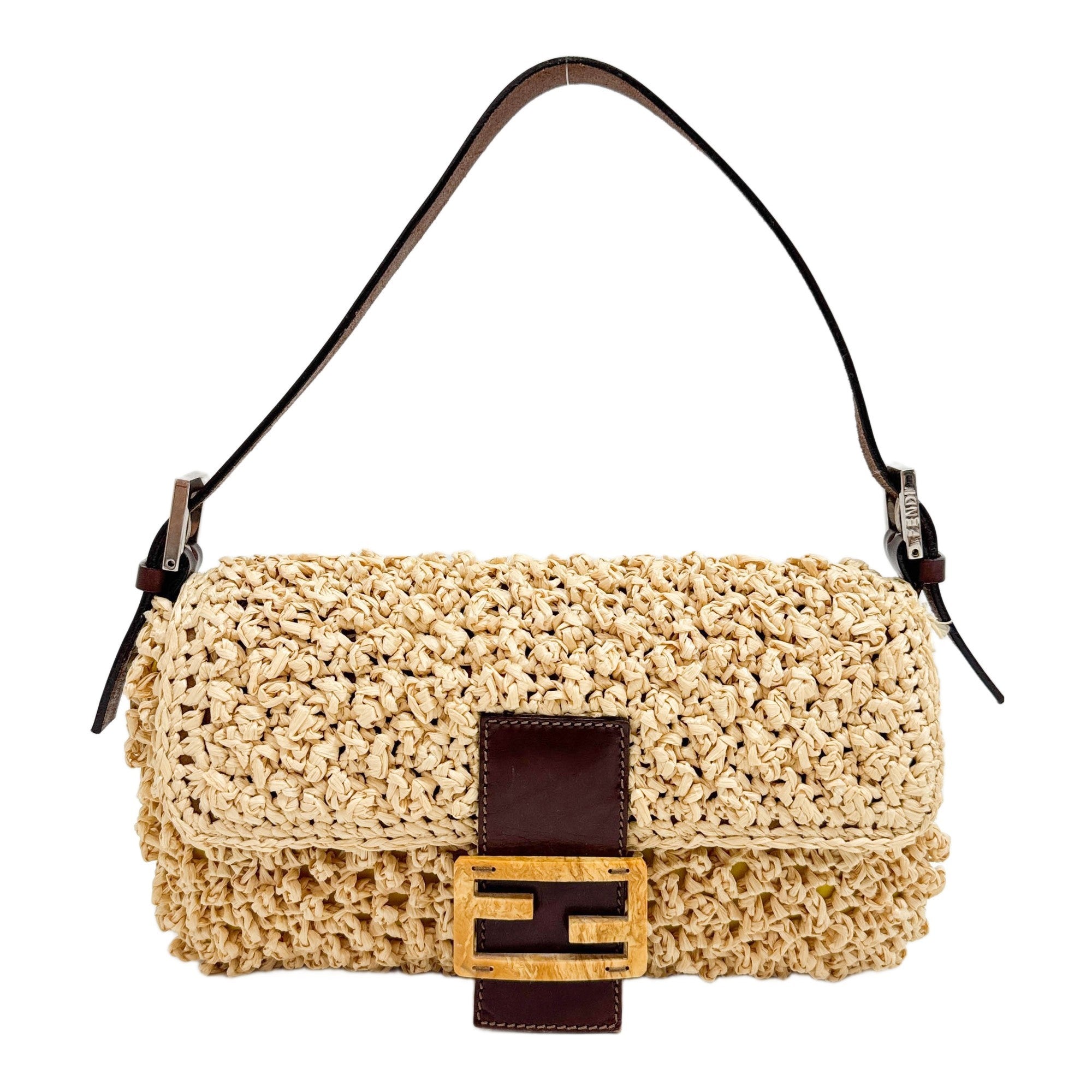 Baguette Crochet Brown Woven Straw Shoulder Bag