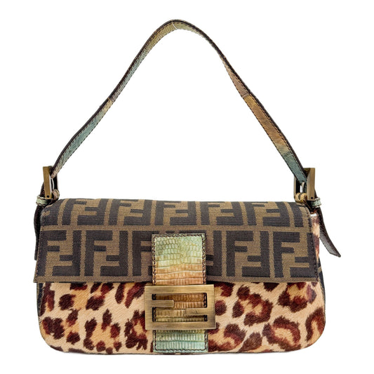 Baguette Lizard Trim Brown Zucca Canvas & Leopard Pony Hair Shoulder Bag