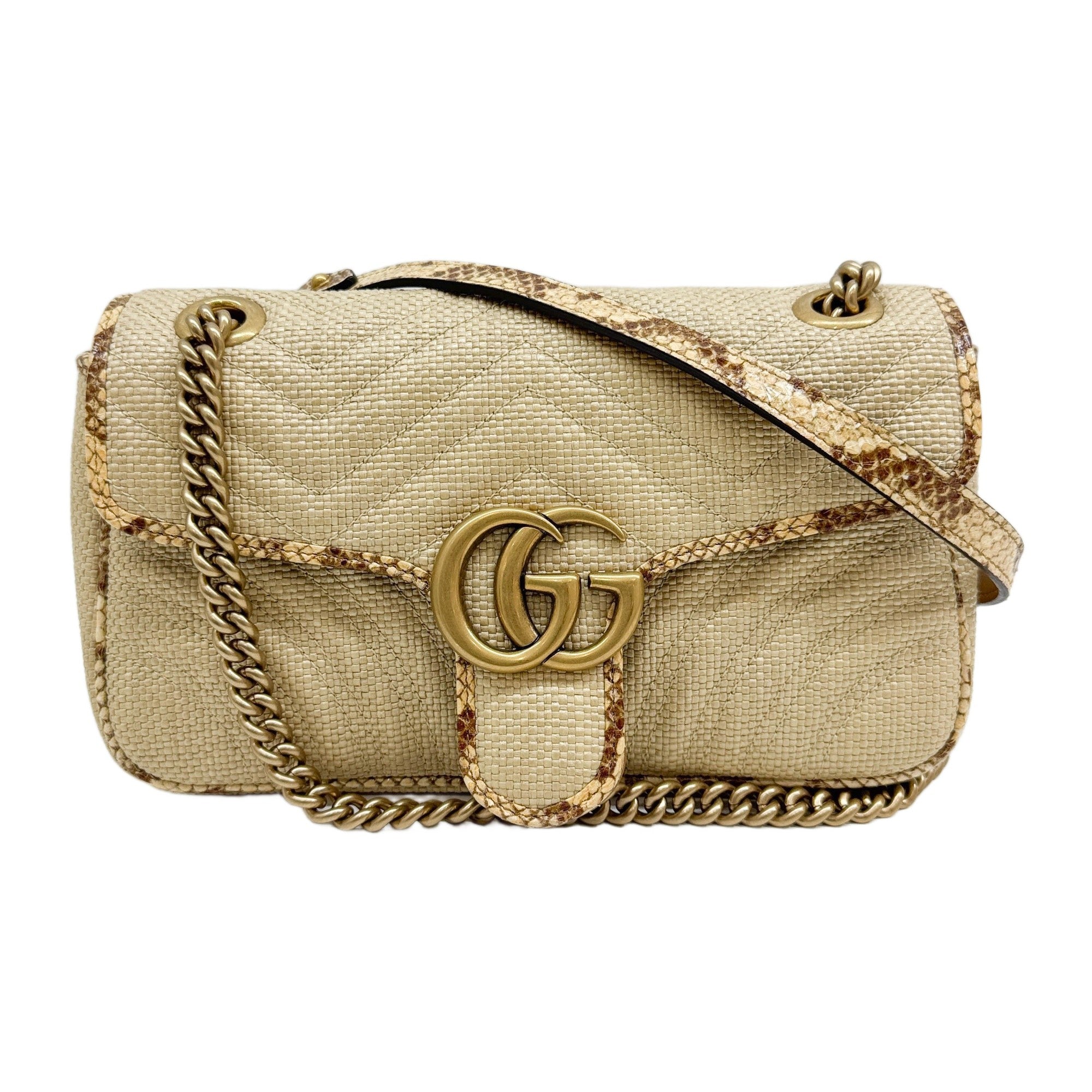 GG Marmont Flap Python Trim Beige Woven Raffia Shoulder Bag