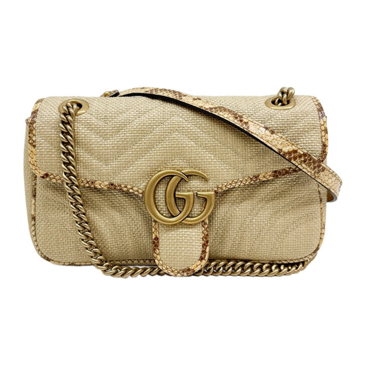 GG Marmont Flap Python Trim Beige Woven Raffia Shoulder Bag