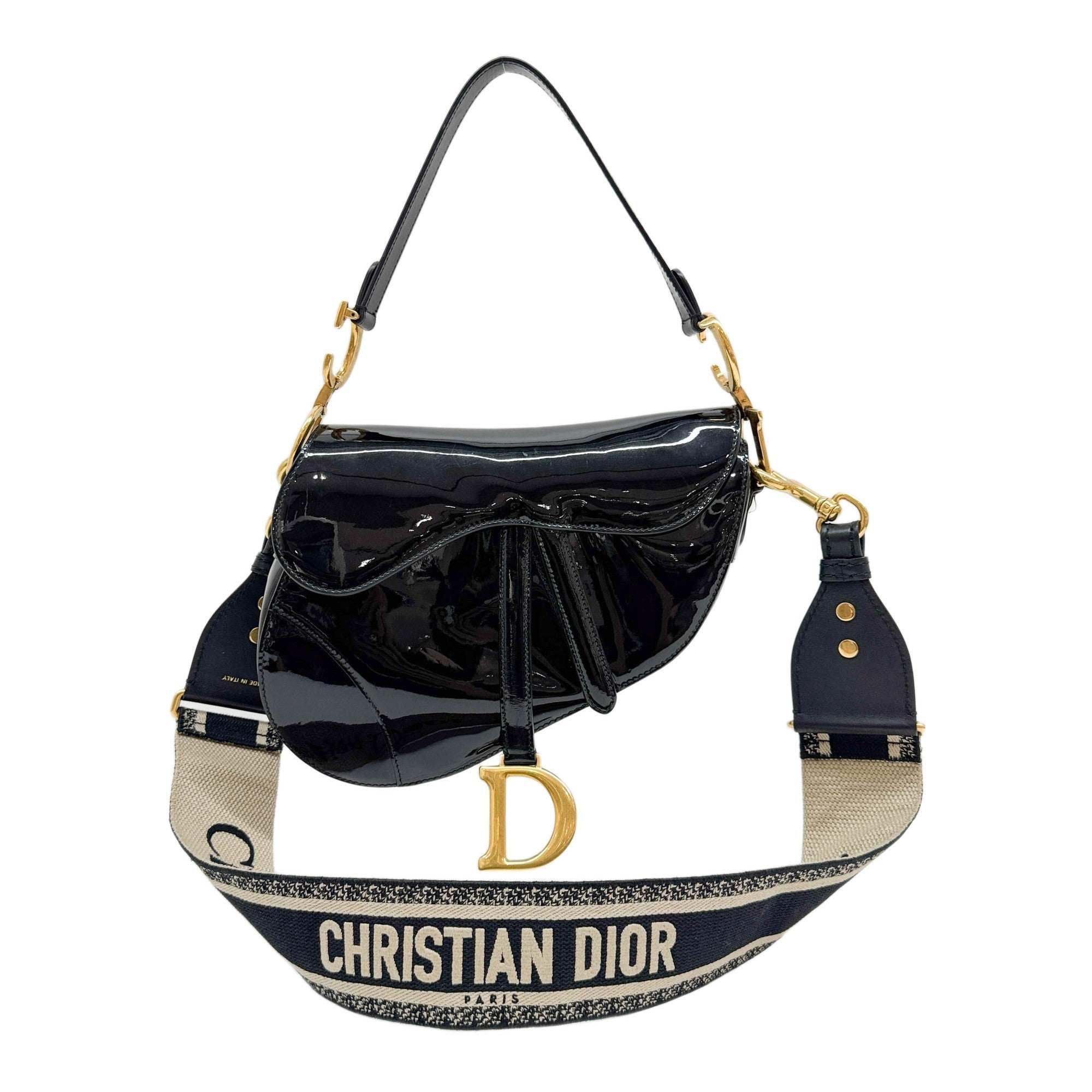 Saddle Gold Hardware Black Patent Leather Two Way Bag