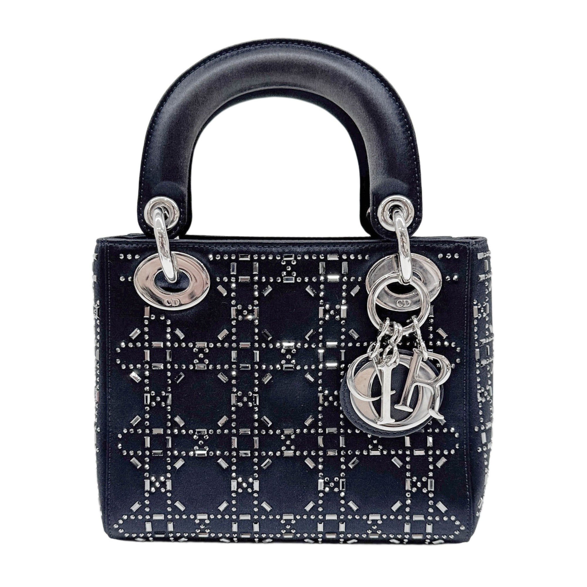 Mini Lady Dior Black Rhinestone Cannage Midnight Blue Satin Two Way Bag