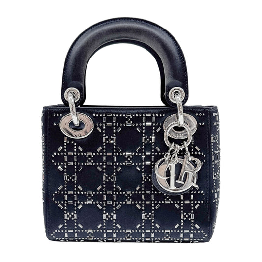 Mini Lady Dior Black Rhinestone Cannage Midnight Blue Satin Two Way Bag