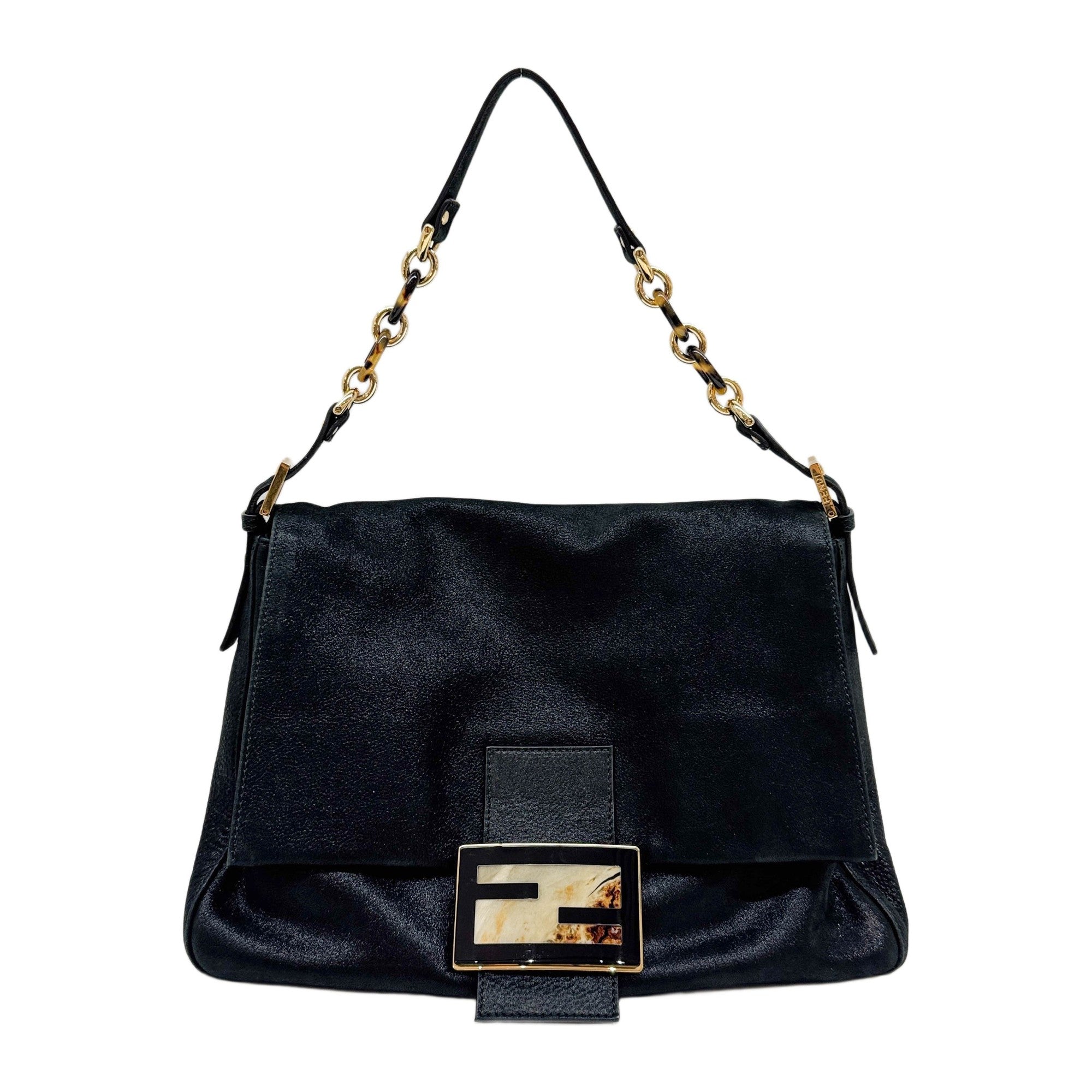 Large Mamma Baguette Glittery Black Leather Messenger Bag