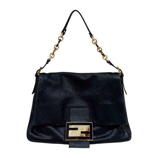 Large Mamma Baguette Glittery Black Leather Messenger Bag