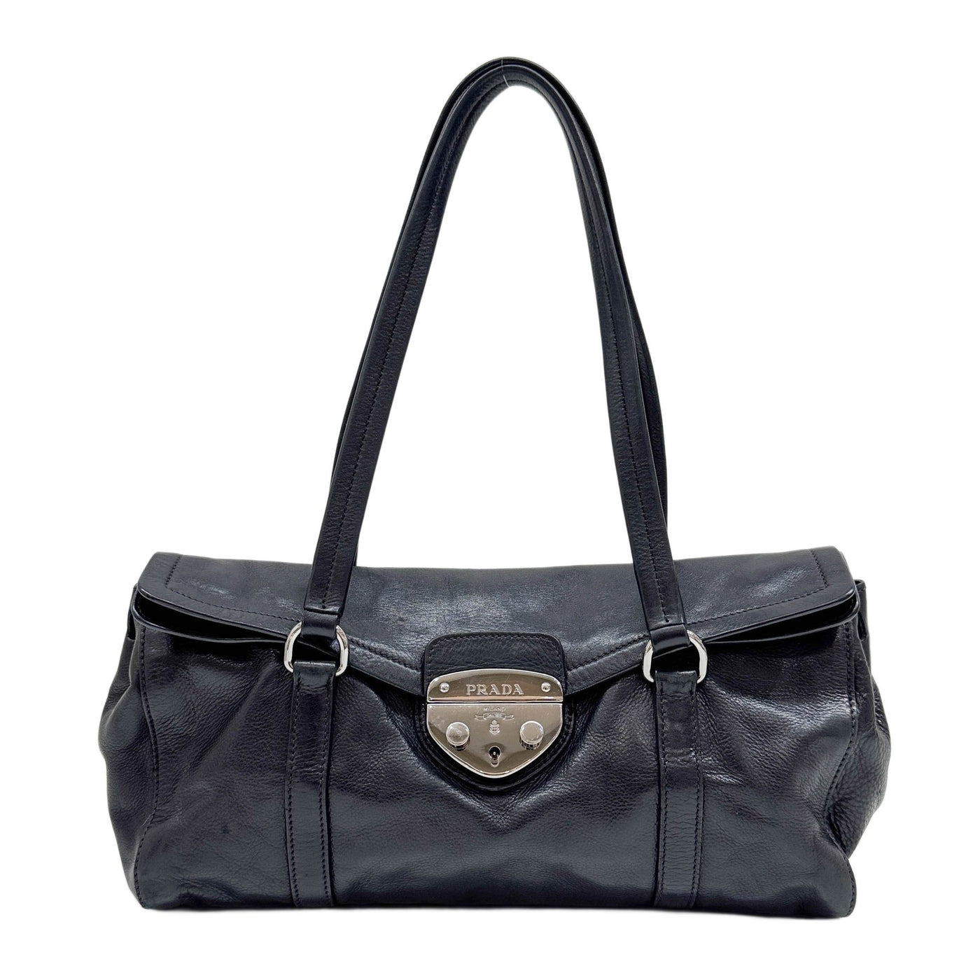 Easy Flap Sound Lock Black Leather Shoulder Bag