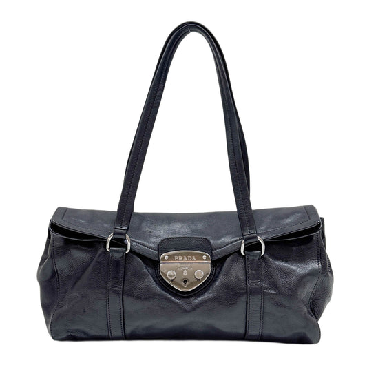 Easy Flap Sound Lock Black Leather Shoulder Bag