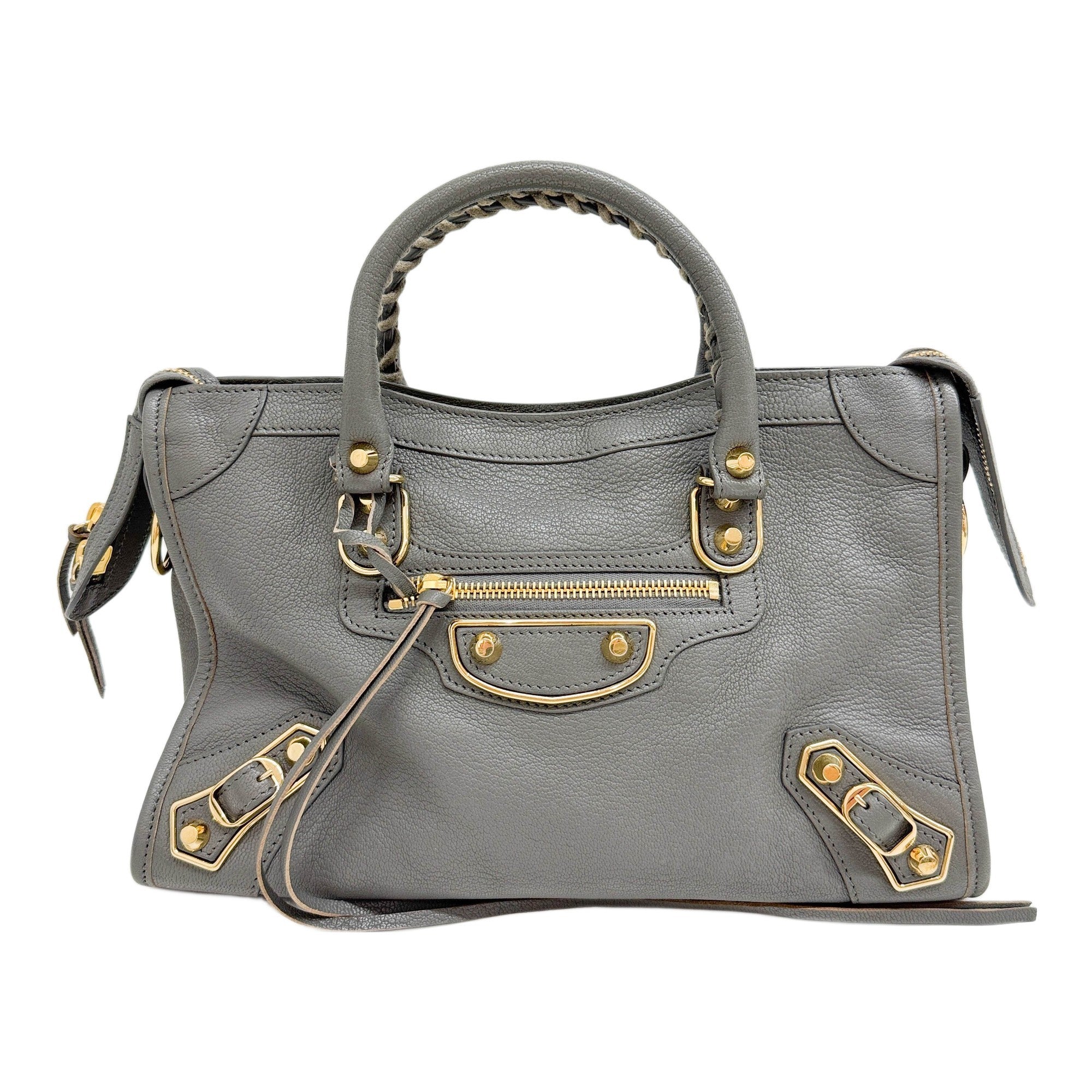 Mini Classic Metallic Edge City Gold Hardware Grey Leather Two Way Bag