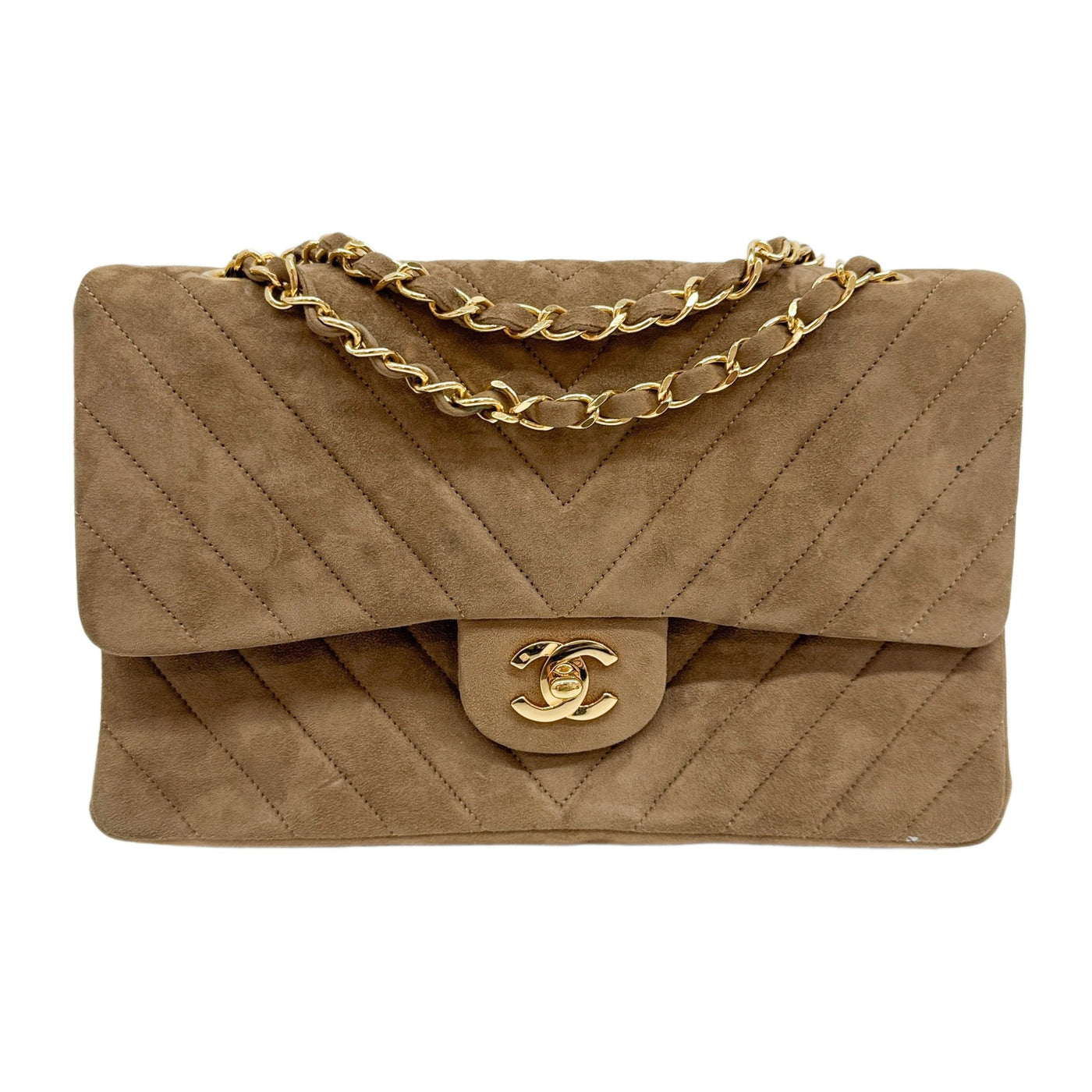 Medium Classic Double Flap 1986-1988 Chevron Brown Suede Shoulder Bag