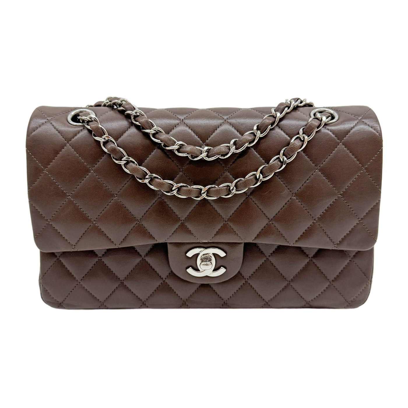 Medium Classic Double Flap 2009-2010 Silver Hardware Matelasse Chocolate Brown Leather Shoulder Bag