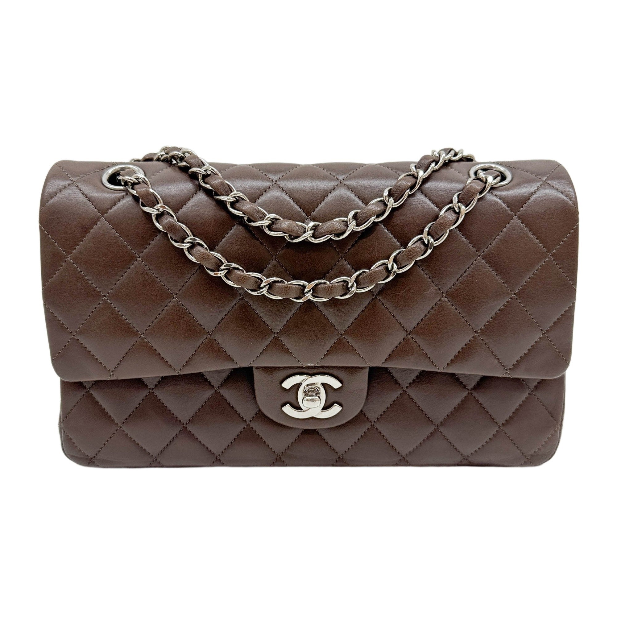 Medium Classic Double Flap 2009-2010 Silver Hardware Matelasse Chocolate Brown Leather Shoulder Bag