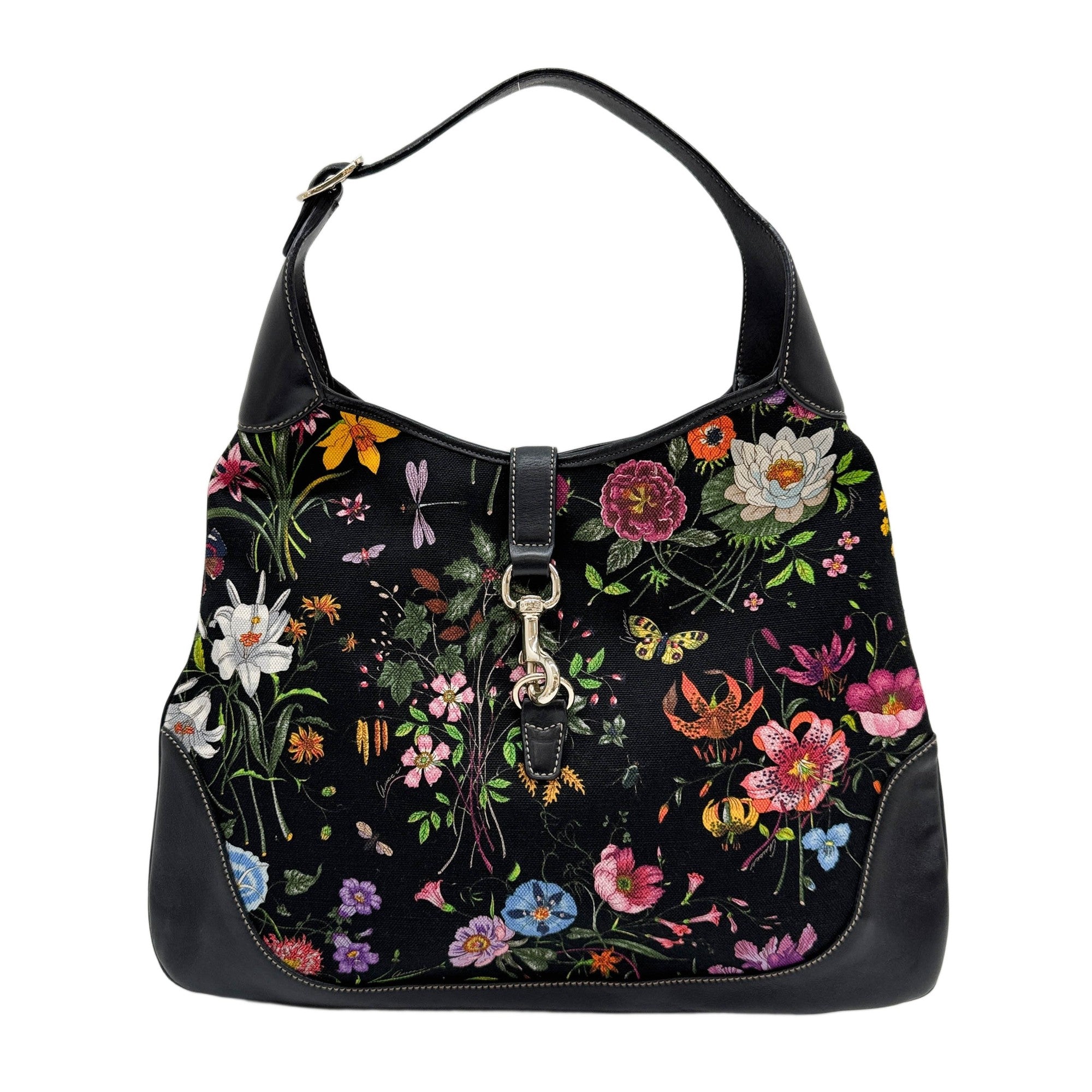 Jackie O Bouvier Floral Black Canvas Shoulder Bag