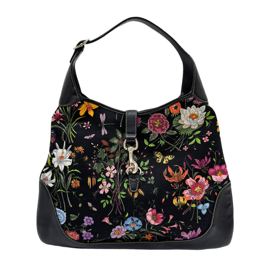 Jackie O Bouvier Floral Black Canvas Shoulder Bag
