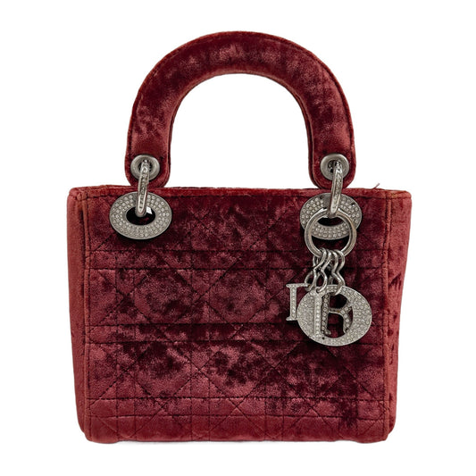 Mini Lady Dior Cannage Red Velvet Hand Bag