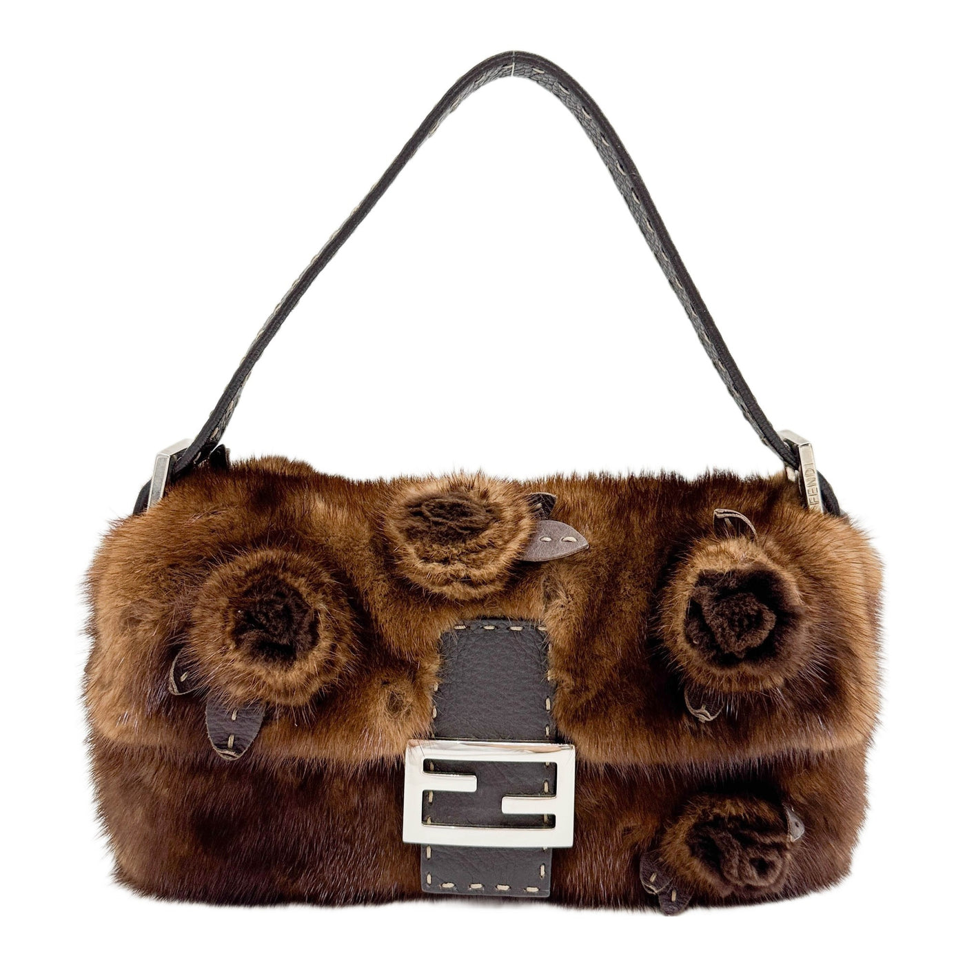 Baguette Selleria Trim Floral Detail Brown Mink Fur Shoulder Bag